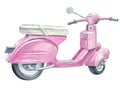 Italian retro scooter, pink motor scooter, on a white background.Watercolor illustration Royalty Free Stock Photo